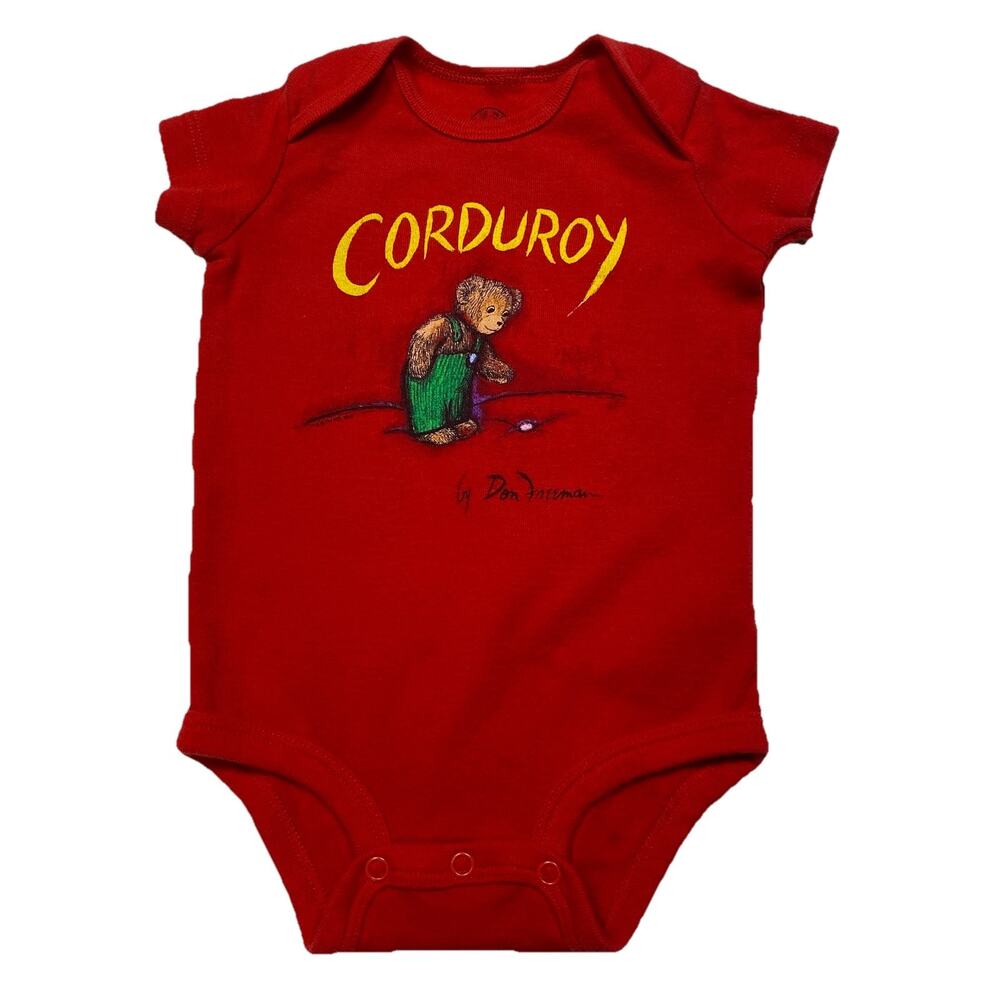 Out Of Print Corduroy Bear Book Baby Infant Bodysuit Snap Bottom Red 6 Months